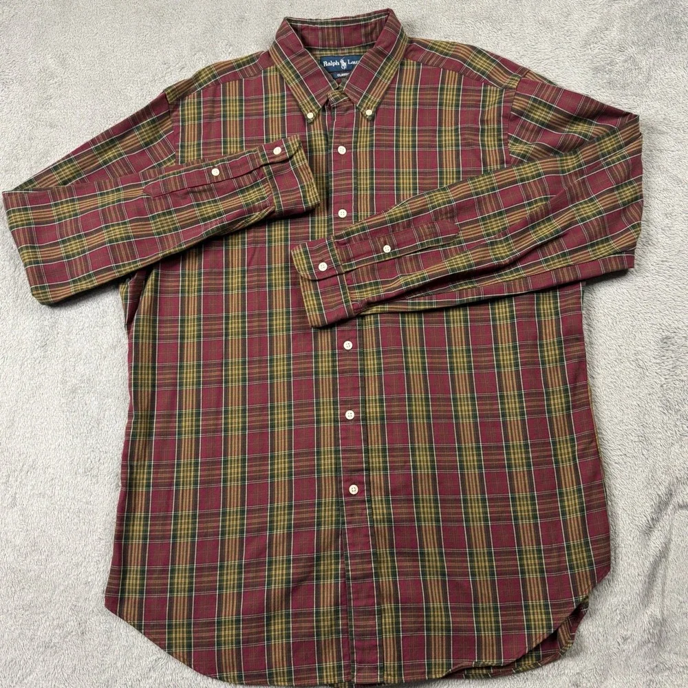 Ralph Lauren Classic Fit Plaid‎ Button Down Shirt Mens XL Burgundy Olive Green